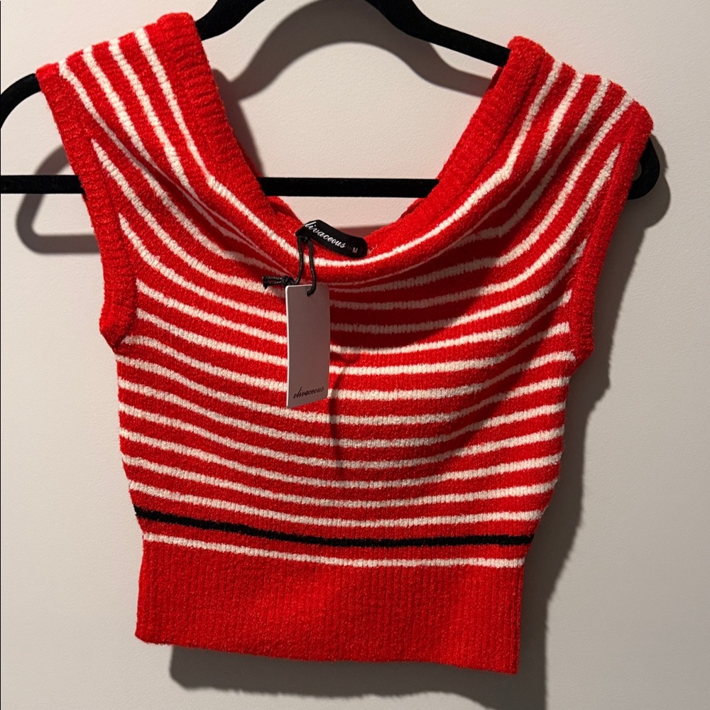 Olivaceous Red and White Striped Knit Sleeveless Sweater off the should or on